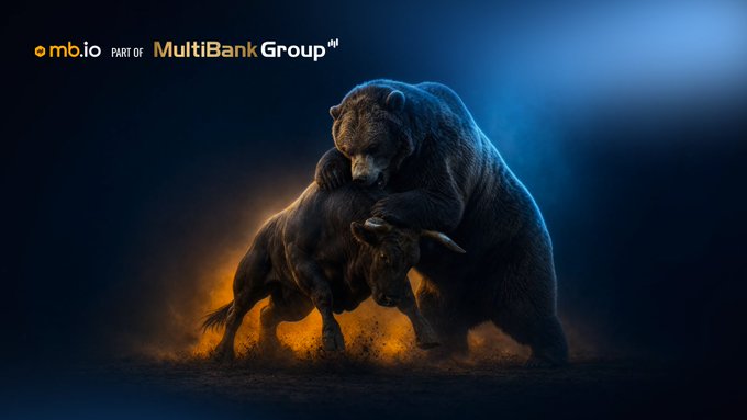 The image shows a dramatic scene of a bear overpowering a bull amid dust and dramatic lighting, with the text "emb.io PART OF MultiBank Group" in the top left corner. The bear-versus-bull imagery visually reinforces the post's message that while bear markets may dominate and harm speculators ("tourists"), the underlying infrastructure and regulated platforms persist and emerge stronger.