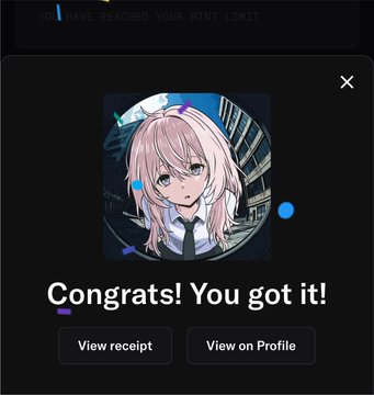 A digital pop-up with the text "Congrats! You got it!" celebrates a successful mint of an anime-style NFT featuring a pink-haired character, while a banner at the top warns "YOU HAVE REACHED YOUR MINT LIMIT," tying into the post's excitement about revealing a new collectible from The Dream Pack.