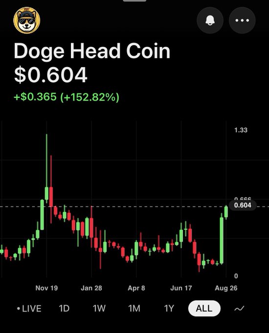 A cryptocurrency price chart for 'Doge Head Coin' (DHC) showing a price of $0.604, up 152.82% (+$0.365), with a candlestick chart displaying price history from November to August.