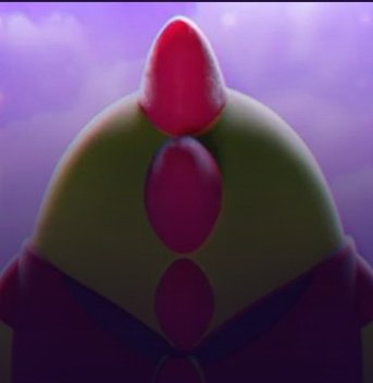 A close-up of a green and pink animated character with a pointed crest, set against a purple sky background.