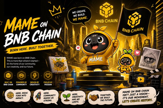 A vibrant yellow and black promotional graphic for 'MAME ON BNB CHAIN' featuring a cartoon mascot holding a BNB Chain flag, with the tagline 'BORN HERE. BUILT TOGETHER.'