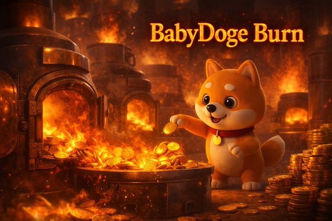 A fiery promotional graphic for 'BabyDoge Burn' featuring an animated Shiba Inu dog character standing next to a pot of gold coins amidst industrial furnaces.