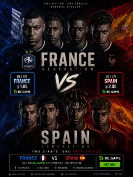 A promotional graphic for an eFootball match between France and Spain Generation, scheduled for Thursday with a bet on France at 1.85 and Spain at 2.05 on BC.GAME.