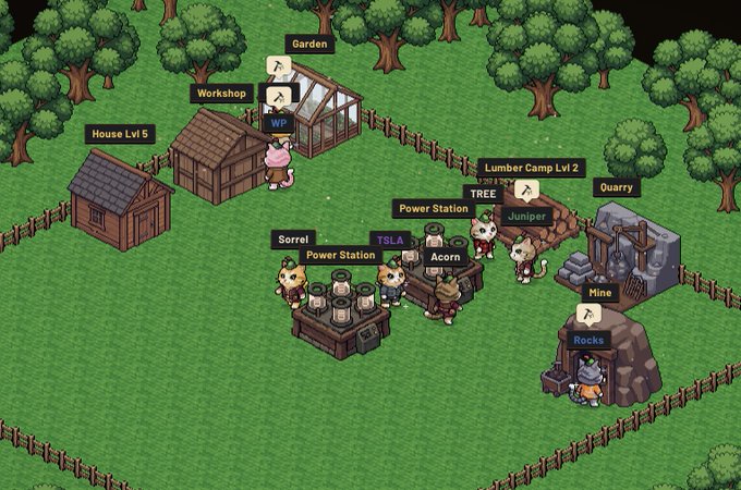 A pixel art game screenshot showing a village with various buildings labeled 'House Lvl 5', 'Workshop', 'Garden', 'Power Station', 'Acorn', 'Lumber Camp Lvl 2', 'Quarry', and 'Mine', with several small character sprites and a character named 'TSLA'.