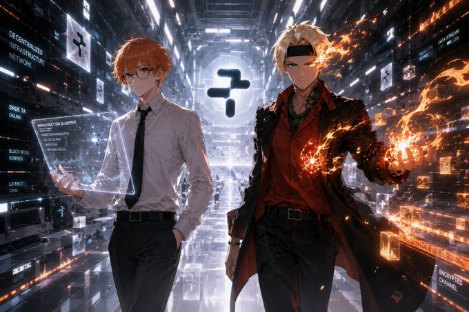 The image features two anime characters, one wearing a white shirt and black pants with glasses, and another dressed in red and black clothing holding a laptop. The background of the image shows a futuristic cityscape filled with neon lights and buildings, creating an urban atmosphere. The text on the image reads "Focus on what is in the image and how it relates to the post."