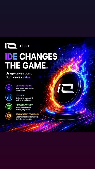 A promotional graphic for IDE .NET with the tagline 'IDE CHANGES THE GAME' and 'Usage drives burn, Burn drives value,' featuring features like on-chain burns, live data, network activity, and transparent economics.