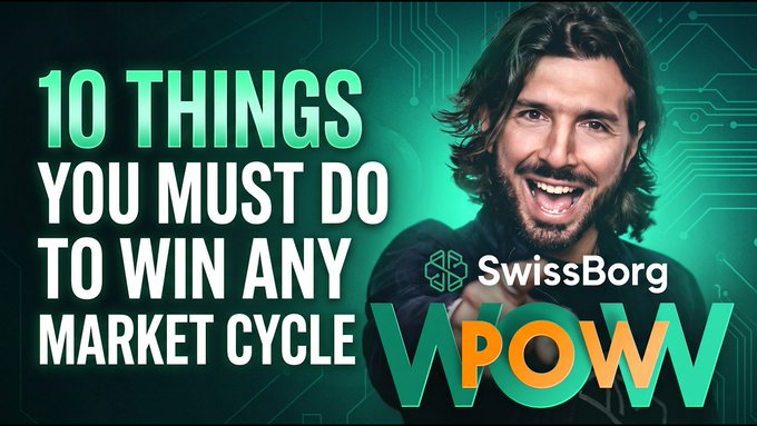 A thumbnail for a video titled '10 Things You Must Do To Win Any Market Cycle' featuring a man with long hair and SwissBorg/WPOW branding.