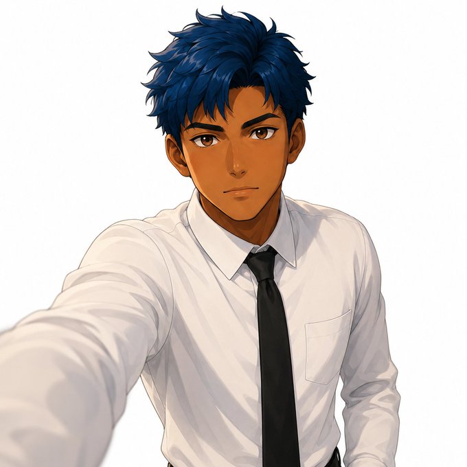 An anime-style digital illustration of a young man with messy blue hair and brown skin, wearing a white dress shirt and black tie, reaching toward the viewer.