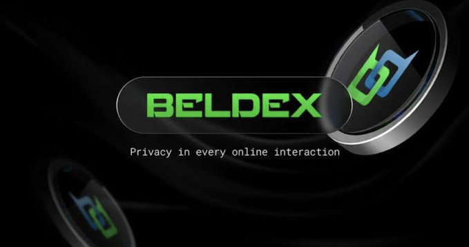 A logo for 'BELDEX' displayed in a metallic, glossy button design with a green and blue icon, set against a black background with the tagline 'Privacy in every online interaction'.