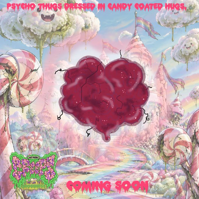 A colorful, surreal candy-themed illustration features a dripping red heart shape, smiling clouds, and lollipops, with text reading "PSYCHO THUGS DRESSED IN CANDY COATED HUGS," "COMING SOON," and a small logo saying "RETUR TO RIOT."