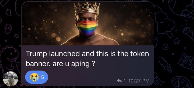 A Telegram message shows a rainbow-masked figure wearing a crown with the text "Trump launched and this is the token banner. are u aping?" at 10:27 PM, humorously illustrating the reckless "aping" into a celebrity-themed crypto token that the post describes as immediately rug-pulling from $60M to zero.