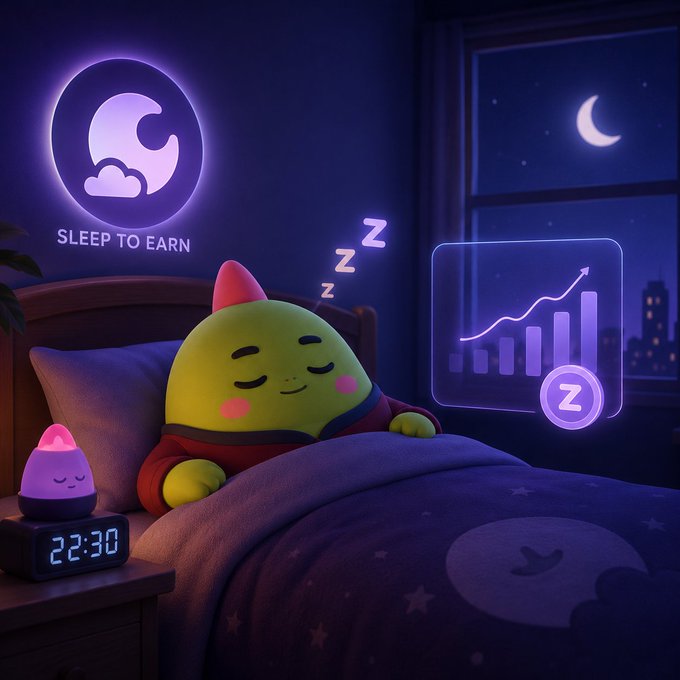 A 3D-rendered illustration of a cute green character sleeping in bed under a starry blanket, with a 'SLEEP TO EARN' moon logo, a digital clock showing 22:30, and a holographic chart showing rising earnings.
