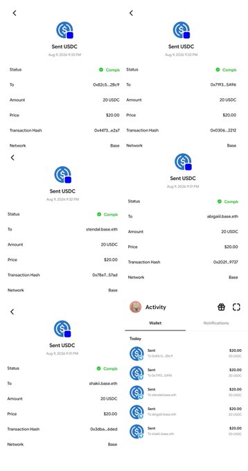 The image displays transaction receipts confirming 20 USDC sent to each of the 5 giveaway winners—@mbs_2bch, @sj793_.549s, atendal.base.eth, abigail.base.eth, shakti.base.eth—on the Base network, alongside an Activity tab showing completed "Sent USDC" transactions dated August 9, 2024, totaling $100 in $20 increments.