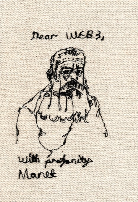 The image features an illustration of a man's face with a beard, drawn in black and white. The text "Dear UWEB" is written above his head, and "with Piety Mariot" is below him. The caption reads "Sale alert. Thank you, @DEADMASKSS for taking your eyes on a stroll through the streets of Monet's letter."