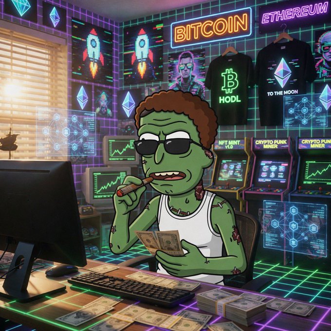 A cartoon zombie wearing sunglasses smokes and holds cash in a neon-lit room featuring 'BITCOIN' and 'ETHEREUM' signs, cryptocurrency mining machines, and t-shirts labeled 'HODL' and 'TO THE MOON'.