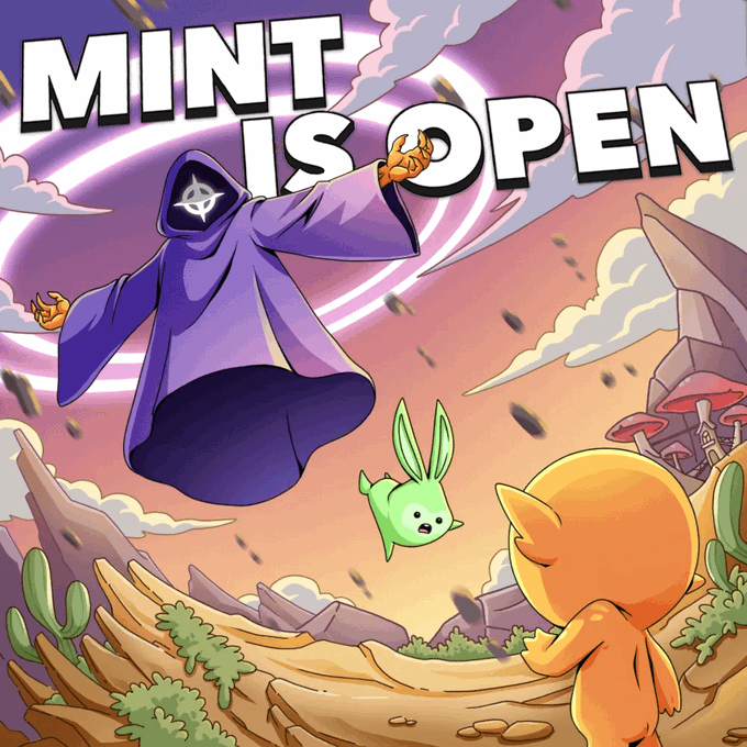 A colorful fantasy scene shows a hooded figure, a green flying creature, and a yellow bird in a desert landscape beneath the text “MINT IS OPEN.” It serves as promotional artwork for Chef Goose’s highly anticipated NFT drop, echoing the post’s endorsement of his skills and the now-open mint.