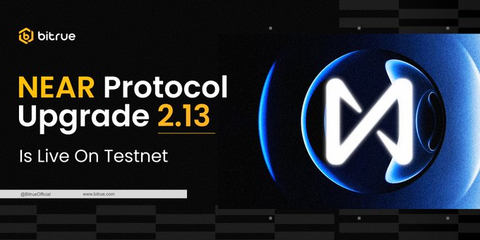 The image is a promotional graphic from Bitrue announcing that the NEAR Protocol Upgrade 2.13 is live on testnet, featuring the NEAR logo against a dark background with glowing blue accents. The graphic highlights the protocol's move toward post-quantum security, which aligns with the accompanying post about NEAR's quantum-proofing efforts and the new staking opportunity on Bitrue.