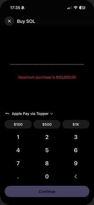 A mobile screenshot showing a "Buy SOL" purchase interface with an Apple Pay via Topper payment method, displaying a maximum purchase limit of $50,000.00 above a numeric keypad with quick-select buttons for $100, $500, and $1K.