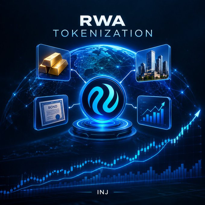 A digital graphic titled 'RWA TOKENIZATION' featuring gold bars, buildings, a bond certificate, and a stock chart connected to a central blue logo, with an upward trending arrow and 'INJ' text at the bottom.