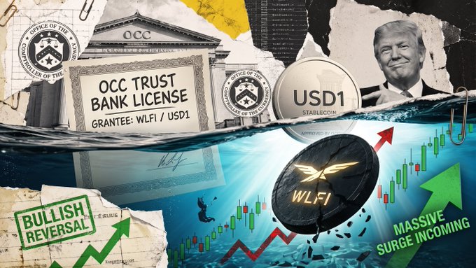 The collage features an "OCC Trust Bank License" document granted to WLFI/USD1, alongside imagery of Donald Trump, a USD1 stablecoin, and a WLFI coin surrounded by green bullish candlestick charts with text reading "BULLISH REVERSAL" and "MASSIVE SURGE INCOMING." The visual directly supports the post's claim by combining regulatory approval imagery with price action graphics to emphasize WLFI's anticipated explosive growth following its banking license milestone.