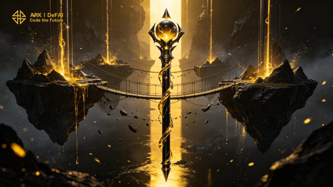 The image features a glowing golden scepter bridging two floating rocky cliffs, symbolizing Ark DeFAI's tagline "Code the Future" by visually representing the connection between AI Agents, real utility, and the ARK ecosystem through a luminous bridge that spans the gap between isolated worlds.