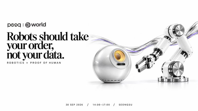 Promotional banner for a peaq × World co-hosted event at Korea Blockchain Week on 30 Sep 2026 (14:00–17:00 KST in Seongsu), featuring the tagline "Robots should take your order, not your data" alongside sleek humanoid robots.