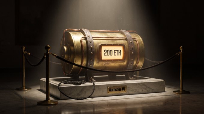 A golden vault labeled "200 ETH" sits on a marble pedestal marked "Auracoin #1," roped off in a dramatic museum-style display. The image visually represents the ticker counting down toward the 200 ETH secondary volume threshold needed to trigger Auracoin #1's first airdrop to holders.