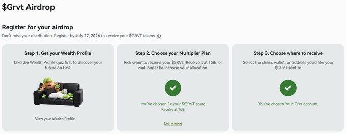 The image displays the registration process for the $GRVT airdrop, outlining three steps: "Get your Wealth Profile", "Choose your Multiplier Plan", and "Choose where to receive". This visual directly supports the accompanying post's call to action for users to register for the airdrop by July 27.