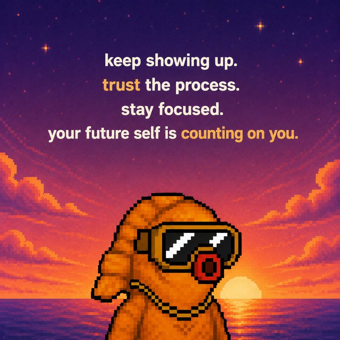 A pixel-art snorkel-wearing dog stands before a sunset with the motivational text "keep showing up. trust the process. stay focused. your future self is counting on you." The image's encouraging message reinforces the post's FOMO-driven pitch to join the SnorkelSUI community despite the rising 118 $SUI entry cost.