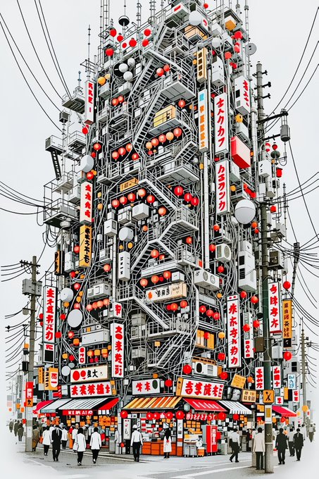 A highly detailed, chaotic illustration of a towering multi-story building packed with red lanterns, tangled power lines, numerous fire escapes, and vertical Japanese signage, with small figures walking on the street below.
