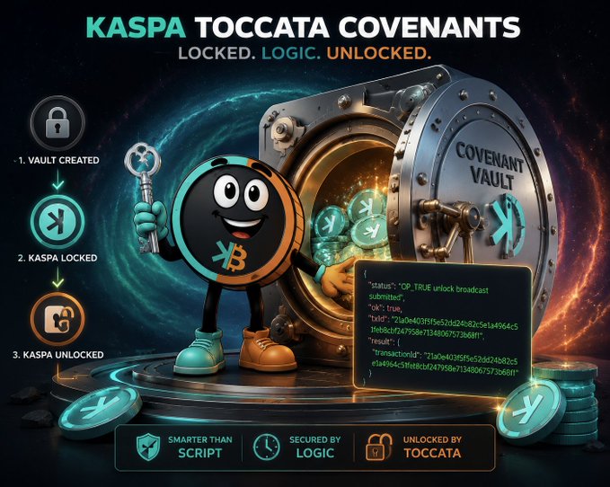 A 'KASPA TOCCATA COVENANTS' promotional graphic with tagline 'LOCKED. LOGIC. UNLOCKED.' shows a coin mascot with a key next to a 'COVENANT VAULT,' outlining steps Vault Created, Kaspa Locked, Kaspa Unlocked, and features 'SMARTER THAN SCRIPT,' 'SECURED BY LOGIC,' and 'UNLOCKED BY TOCCATA.'