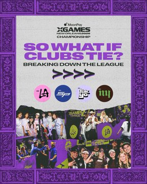 A vibrant purple-bordered promotional graphic for the "X Games League Summer Championship 2026" presented by Moonpay features the headline "SO WHAT IF CLUBS TIE? BREAKING DOWN THE LEAGUE" above team logos for LA, SF, Tokyo, and New York, accompanied by action shots of breakers competing. The post explains that XC Tokyo and XC New York are currently tied with 2,440 points each, with the graphic teasing the tiebreaker rules to determine the Summer Season Champion.