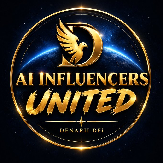 A metallic gold logo featuring an eagle forming the letter 'D', with the text 'AI INFLUENCERS UNITED' and 'DENARII DFI' displayed against a starry cosmic background.