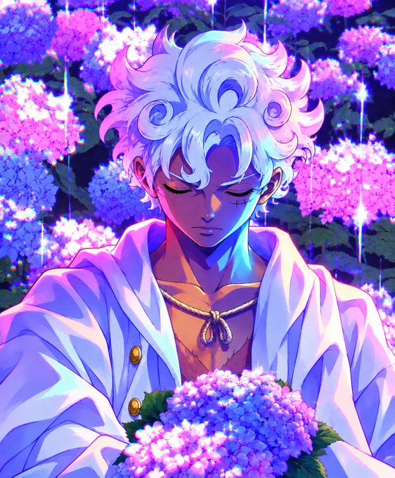 An anime-style illustration of a character with white curly hair and closed eyes, surrounded by glowing pink and purple hydrangea flowers.