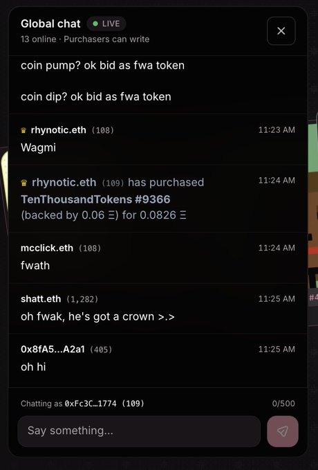 The image shows a live "Global chat" window with 13 users online (purchasers only), displaying messages from users like rhynotic.eth (108), mcclick.eth (108), shatt.eth (1,282), and 0x8fA5...A2a1 (405), along with a notification that rhynotic.eth purchased "TenThousandTokens #9366" backed by 0.06 Ξ for 0.0826 Ξ. This demonstrates the new purchaser-exclusive chat feature, where users' total purchase counts appear next to their usernames and live purchases are broadcast to the chat in real time.