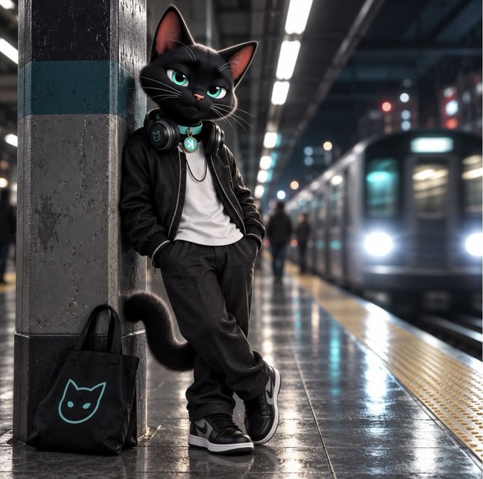 An anthropomorphic black cat in a leather jacket and headphones leans against a pillar on a subway platform, beside a tote bag featuring a simple cat face logo that echoes the feline theme of the $NACHO token, fitting the post's "One of us" message celebrating the donation of 40M $KAS to the DAGKNIGHT fund.