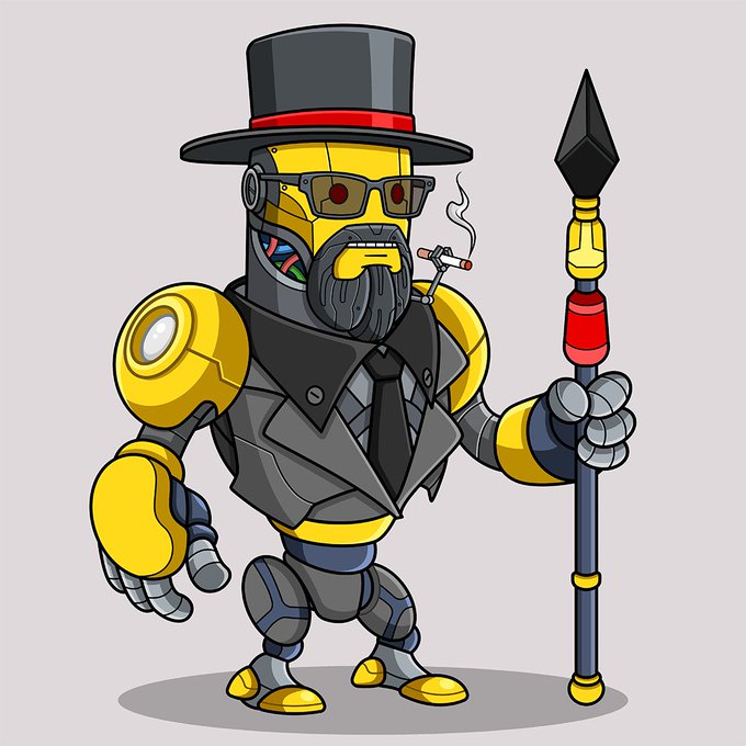 A cartoon illustration depicts a robotic character dressed in a black suit, tie, and top hat, wearing sunglasses and smoking a cigarette, while holding a staff with a diamond-shaped tip.