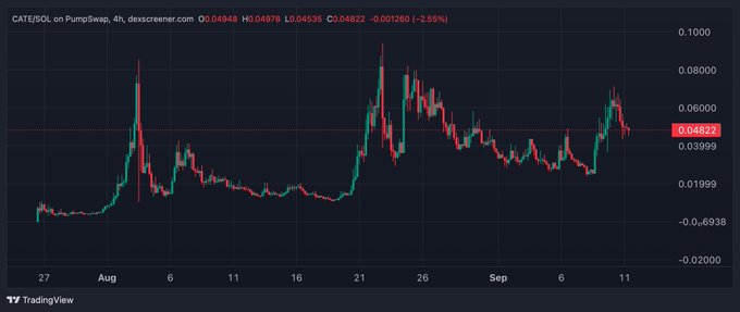 A TradingView candlestick chart showing the price of 'CATE/SOL on PumpSwap', with a current price around 0.04822, displaying a -2.55% change.