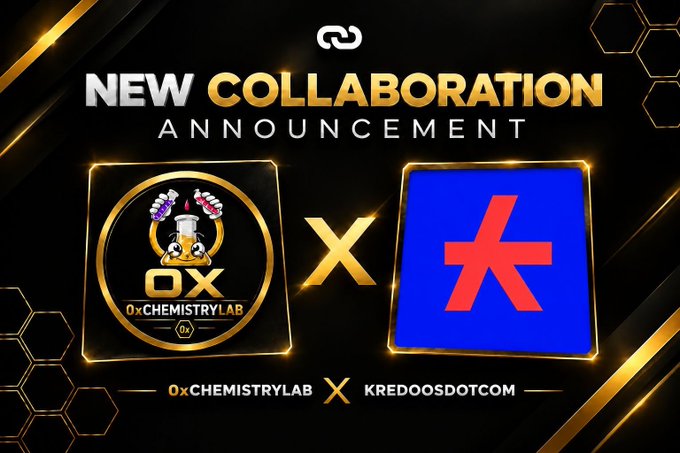 Announcement graphic for a new collaboration between 0xChemistryLab and KredoosDotcom, displaying their respective logos.