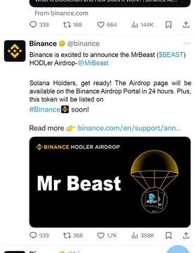 A Binance social media post announces a "Mr Beast HODLer Airdrop" of $BEAST tokens, available on the Binance Airdrop Portal in 24 hours for Solana holders, with engagement metrics showing 539 comments, 366 retweets, and 1.7K likes. The post promotes a new $BEAST cryptocurrency tied to MrBeast's name, accompanying claims of an official presale launch.