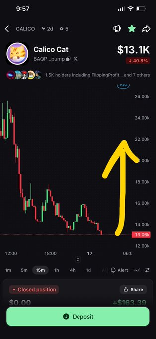 A mobile screenshot of a crypto trading app showing the "CALICO" token at $13.1K, down 40.85%, with a candlestick chart displaying a sharp dip to $13.06K and a hand-drawn yellow arrow pointing upward.