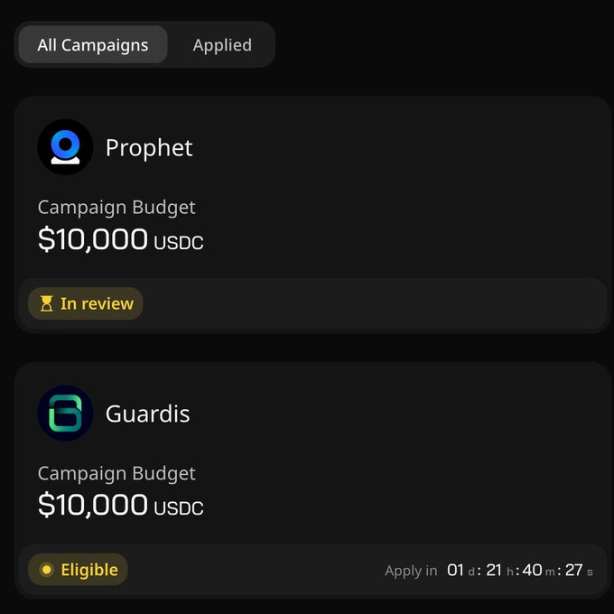 The image shows a list of campaign names displayed on a computer screen with a rating system for each campaign. The campaigns include "Prophet", "Guardris", and "Design Budget". There are also three options available, one being an application that allows users to apply for these campaigns. The post is titled "I am ELIGIBLE" and it provides information about the eligibility criteria for participating in the campaigns.