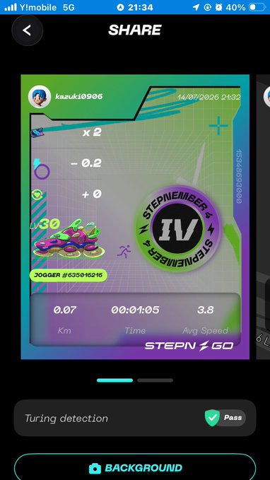 A screenshot of a STEPN GO app sharing screen showing a jogger NFT #635016246 stats including 0.07 km, 00:01:05 time, and 3.8 avg speed, posted by user kazuki0906.