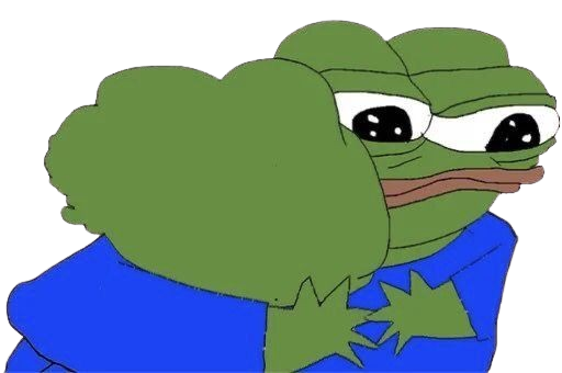 A cartoon image of a sad-looking Pepe the Frog character wearing a blue shirt, holding his hands together against a black background with white stars.