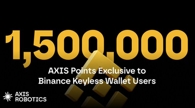 A promotional graphic announcing 1,500,000 AXIS Points exclusive to Binance Keyless Wallet users, featuring the Axis Robotics logo and branding with a stylized "A" design in gold and black.
