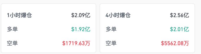 Cryptocurrency liquidation data showing $209M in 1-hour liquidations ($192M longs, $17.1963M shorts) and $256M in 4-hour liquidations ($201M longs, $55.6208M shorts).
