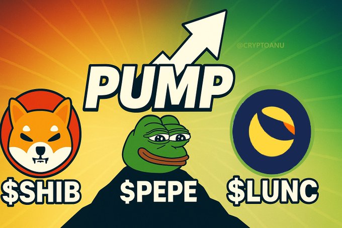 A promotional graphic featuring the word "PUMP" with an upward arrow, alongside logos for the cryptocurrencies $SHIB (Shiba Inu), $PEPE (Pepe the Frog), and $LUNC (Terra Luna Classic), credited to @CRYPTOANU.