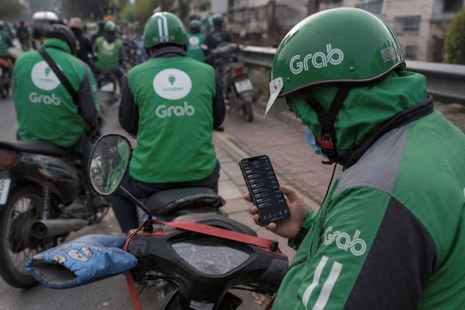 A photograph of Grab delivery drivers in green uniforms and helmets, with one prominently in the foreground looking at a smartphone displaying an app interface.
