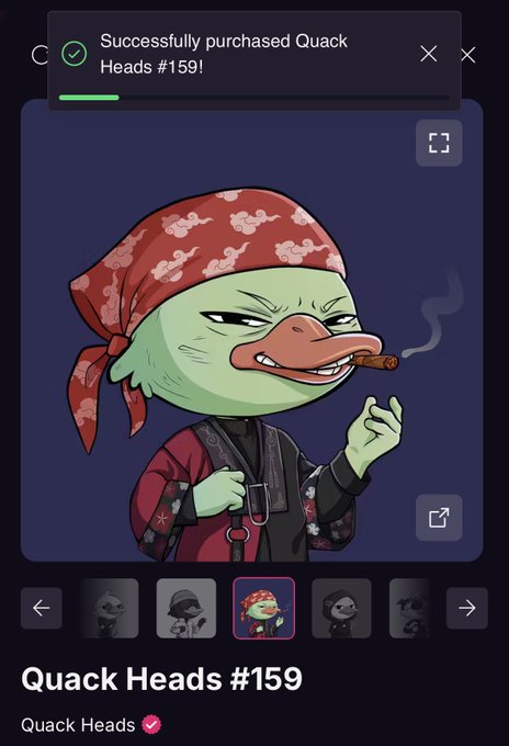 The image features a cartoon duck wearing a red bandana and smoking a cigarette while standing against a dark blue background. The text "Successfully purchased Quack Heads #159" can be seen, indicating that the duck has been successfully bought by someone. There are also other images of ducks in various positions around the post, suggesting that this is part of an online community or marketplace for duck-themed items and artwork.