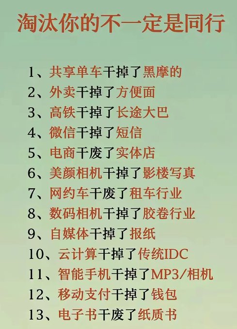 A Chinese infographic titled '淘汰你的不一定是同行' (What eliminates you isn't necessarily your peers), listing 13 examples of disruptive technologies like shared bikes replacing Black motorcycles and WeChat replacing SMS.
